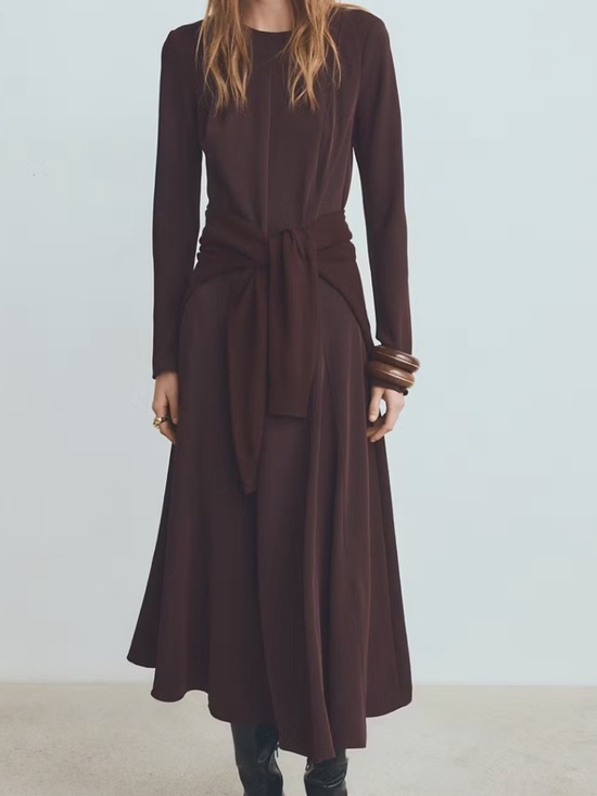 Mango Dresses & Skirts - Mango Long-Sleeve Chocolate Brown Maxi Dress A-LINE DRESS WITH GODETS 1283